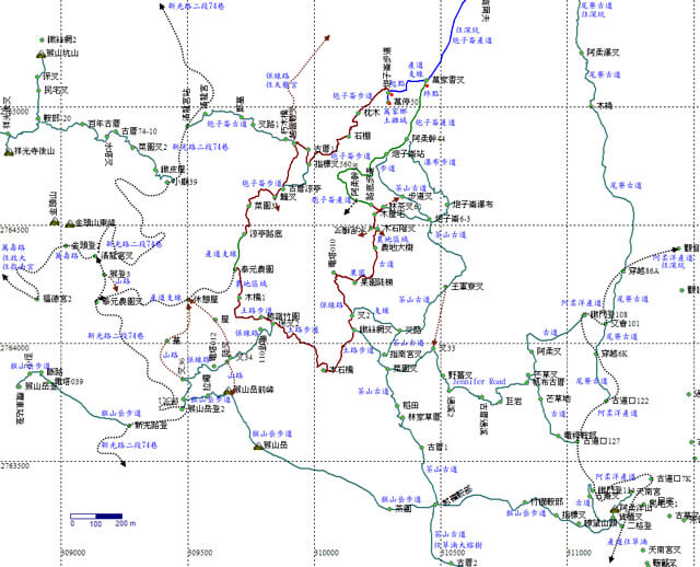炮子崙步道、猴山岳前峰、猴山岳、茶山古道 參考地圖
