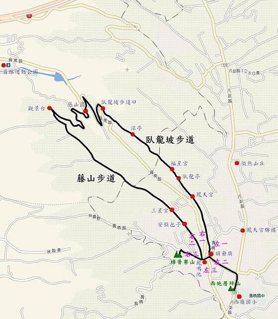 臥龍坡步道、藤山步道、西施厝坪山、樟普寮山 參考地圖